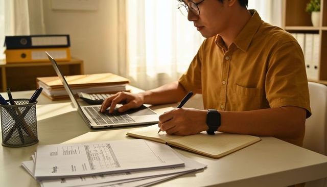 Asian man working from home desk typing on laptop and writing notes with documents