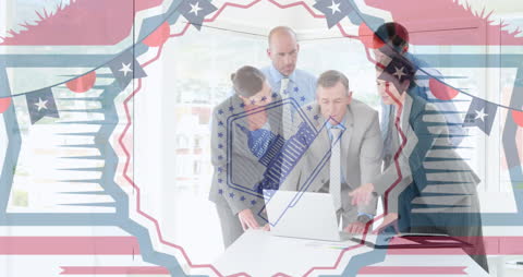 Diverse Business Team Collaborating with USA Flag Overlay