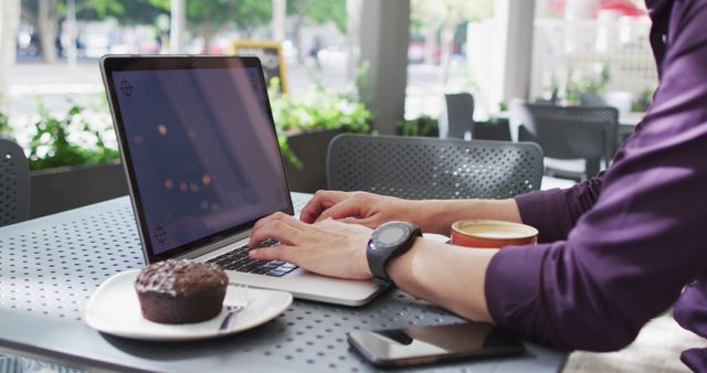 Person Working on Laptop Outdoors with Coffee and Muffin - Download Free Stock Images Pikwizard.com