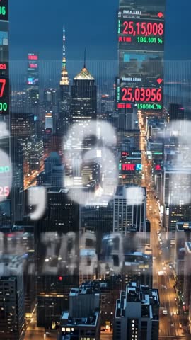 Floating stock digits rising over dusk city skyline vertical video