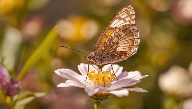 Brown-orange butterfly feeding on pale pink daisy with sunlit bokeh background