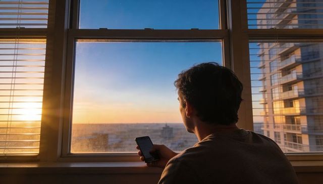 Man watching city sunset from high-rise window holding smartphone evening reflection