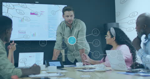 Business Team Meeting with Digital Network Visualization