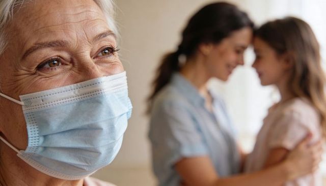 Senior woman wearing mask smiling while daughter and granddaughter share tender moment