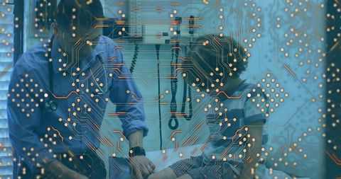 Healthcare technology fusion: doctor examining patient overlaid with digital circuitry