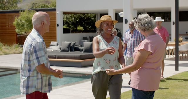 Senior Friends Enjoying Outdoor Gathering by Pool in Bright Summer Day - Download Free Stock Images Pikwizard.com