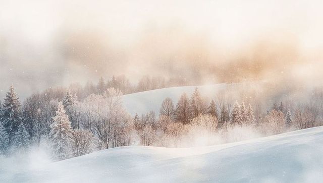Sunlit frosted forest on snowy hillside with drifting snow and low mist