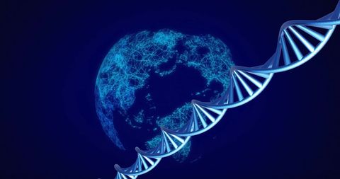 Dna strands with glowing light trails on dark background