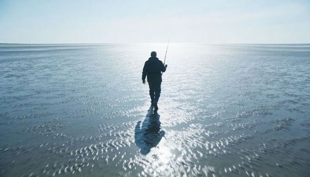Walking solo fisherman across sunlit tidal flats backlit silhouette at horizon