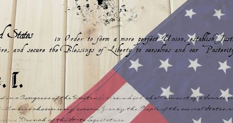 Displaying vintage Preamble script over partial US flag on rustic pine planks
