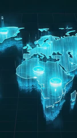 Holographic World Map Rising with Pulsing Data Nodes and Flow Lines Vertical Network Visualization