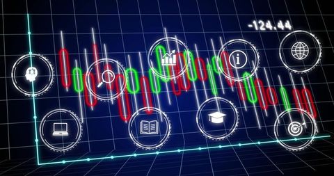 Neon candlestick trading dashboard presenting 3d grid analytics with icon markers