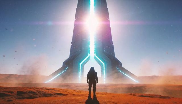 Astronaut standing before towering futuristic obelisk emitting cyan energy beam