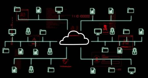 Neon cloud network schematic showing encrypted data flow and cybersecurity indicators