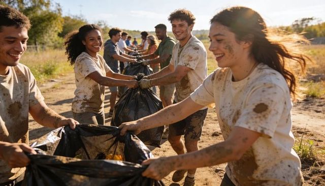 Volunteers passing muddy trash bags during outdoor community cleanup under warm sunlight