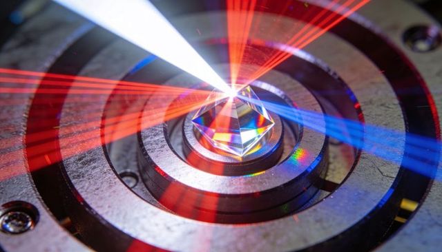 Converging laser beams striking faceted prism producing rainbow dispersion on metal rings