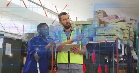 Warehouse team collaborates with tablet for digital inventory management