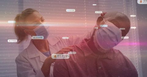 Clinician examining patient with augmented reality data overlay for remote care assessment