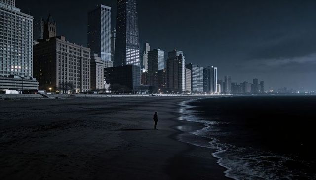 Lonely silhouette on urban beach at night with reflective wet sand and city skyline