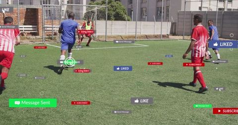 Diverse Soccer Team Playing with Social Media Icons Overlay