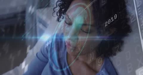 Woman Engaging with Holographic World Map Display in Futuristic Interface