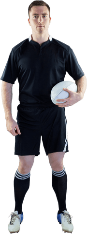 Transparent isolated portrait of rugby player holding ball