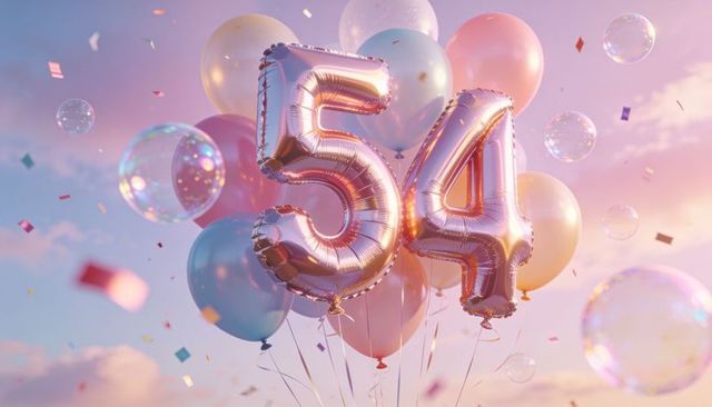 Floating rose gold foil number balloons 54 with pastel colors, confetti, iridescent bubbles