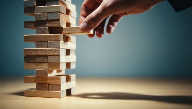 Hand pulling block from stacked wooden tower playing game creating tension