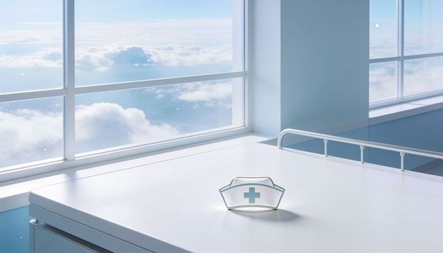 Nurse cap resting on hospital bedside table overlooking soft cloudscape through window