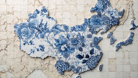 Floral china map mosaic art with elegant reserved detailing
