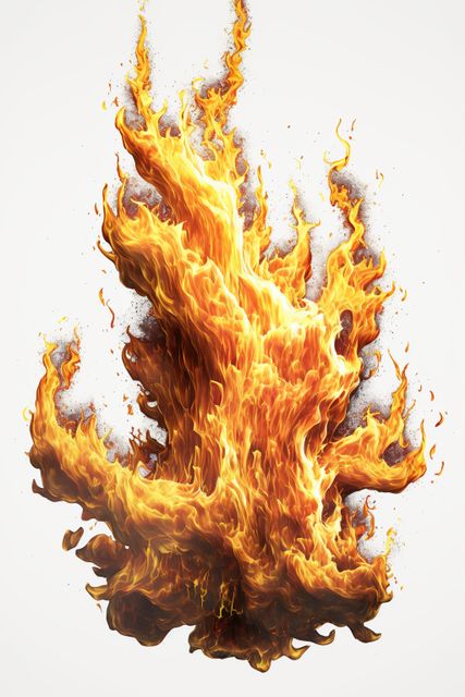 Detailed fire flames and smoke on white background, created using generative ai technology. Fire, heat, moke, pattern and colour concept digitally generated image.
