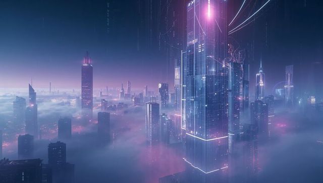 Futuristic Neon Skyscraper Soaring Above Digital Metropolis