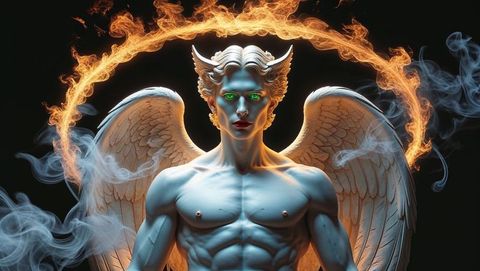 Mystical angelic lucifer with flaming halo and wings