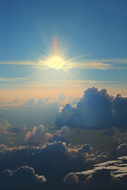 Scenery with clouds and sky and sun, created using generative ai technology. Cloud and sky scenery, weather and beauty in nature concept digitally generated image.