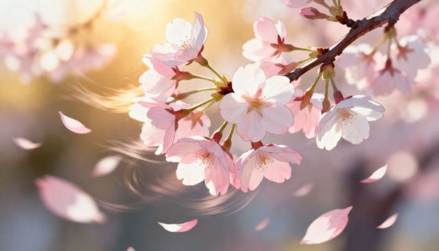 Golden Backlit Sakura Blossoms with Floating Petals in Soft Pastel Spring Light, Delicate Bloom