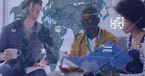 Diverse Team Analyzing Data with Digital Overlay in Modern Office