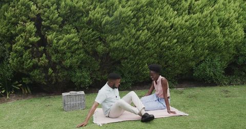Young couple sharing joyful picnic on grassy field