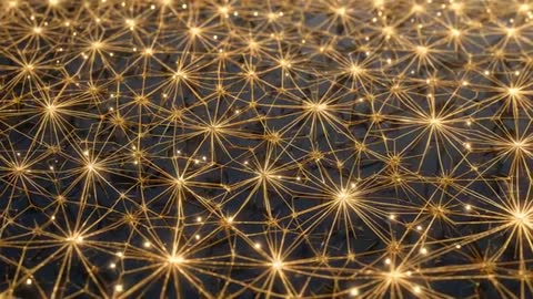 Pulsing Gold Node Network Pulling Back Over Dark Plane Revealing Filament Grid Glow