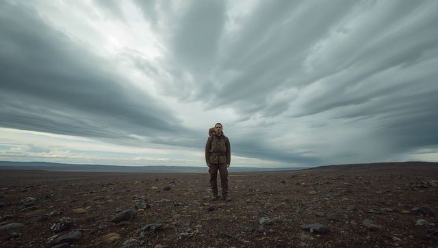 Hiker standing on wind-swept tundra under dramatic overcast sky