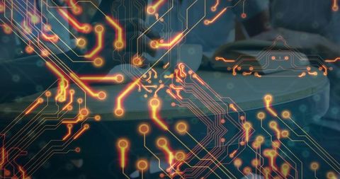 Futuristic circuit overlay enhancing corporate collaboration at roundtable with laptops