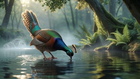 Iridescent bird animal drinking from tranquil forest pond