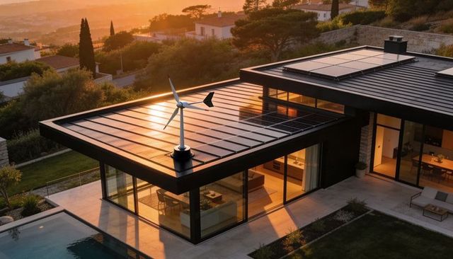 Sleek modern villa with rooftop solar panels and wind turbine at golden sunset