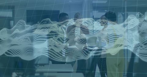 Collaborating team analyzing holographic data waves and visualization in modern office