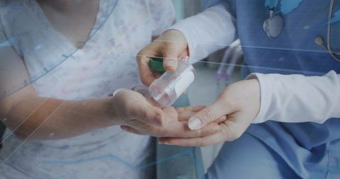 Nurse pouring medication into patient hand with digital healthcare overlay