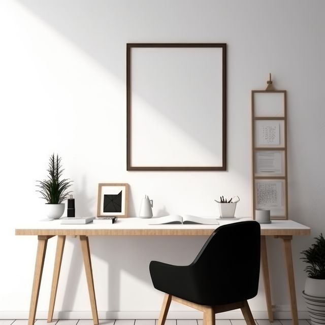 Minimalist home office desk with blank frame on wall, featuring black chair and potted plants. Sleek and clean workspace suitable for modern living. Ideal for promoting home office setups, interior design inspirations, or minimalist decor ideas.