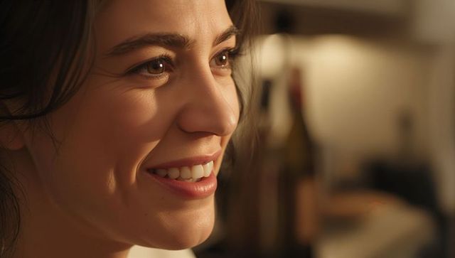 Smiling woman in warm kitchen light showing natural smile and soft bokeh portrait intimate