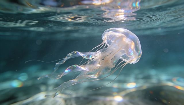 Gliding translucent jellyfish iridescent tentacles floating in turquoise coastal water