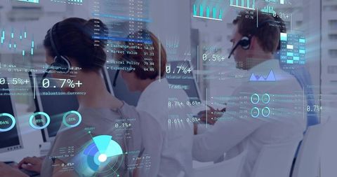 Customer support team working with financial analytics overlays and trading dashboards