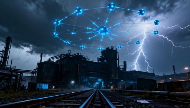 Holographic network over industrial refinery at night with lightning and wet tracks