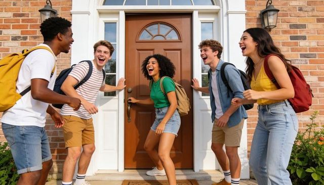 Laughing teen friends opening front door together back-to-school move-in welcome